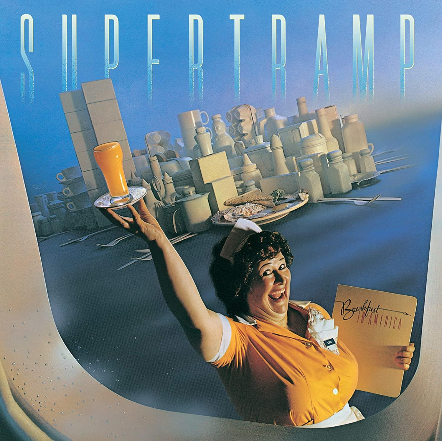 Albumcover: Supertramp, Breakfast in America. Kellnerin hält Tablett mit Orangensaft und Menü, Stadtansicht.