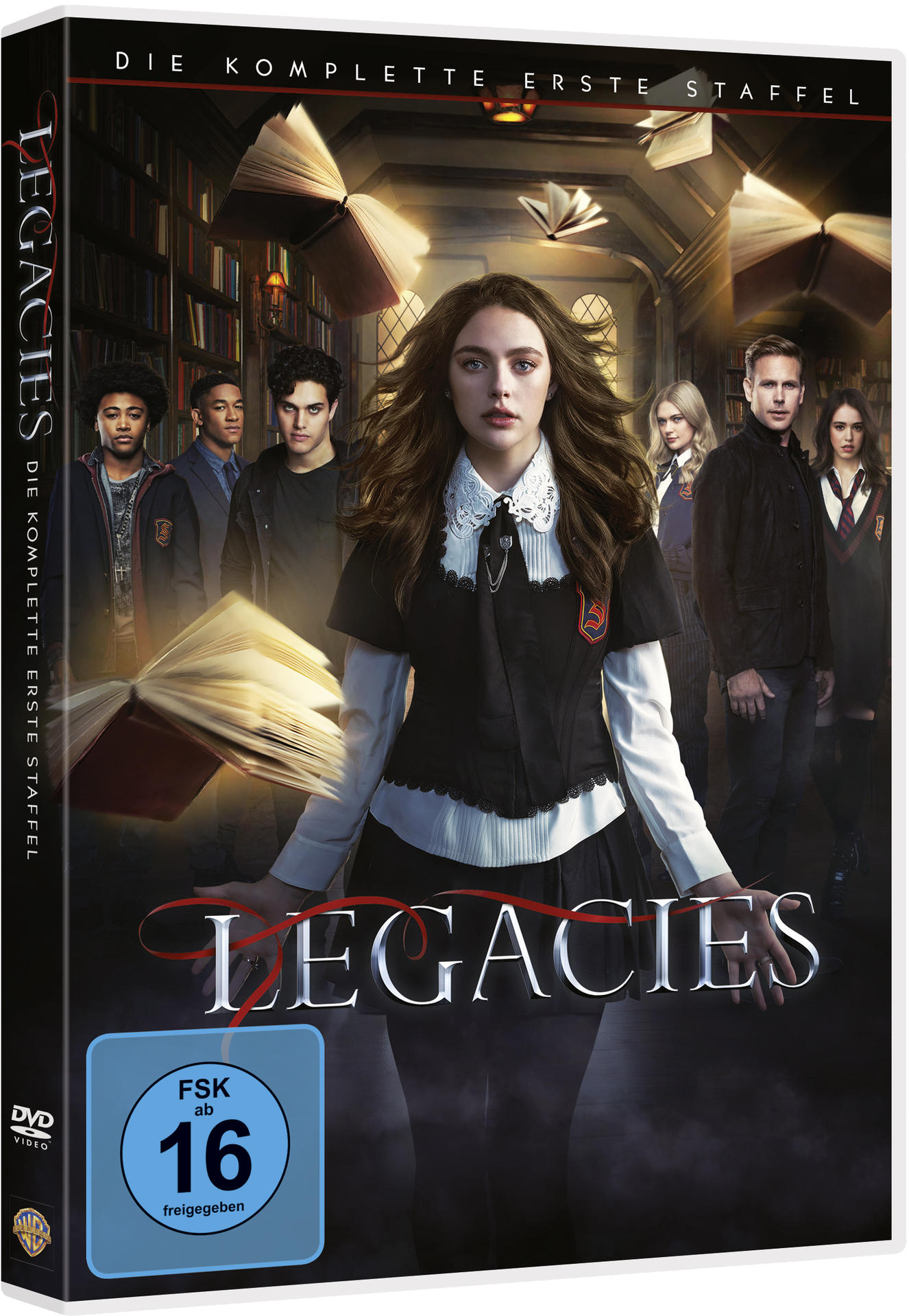 DVD-Cover für 'Legacies' mit Hauptfiguren in einer Bibliothek. 'Die komplette erste Staffel'.