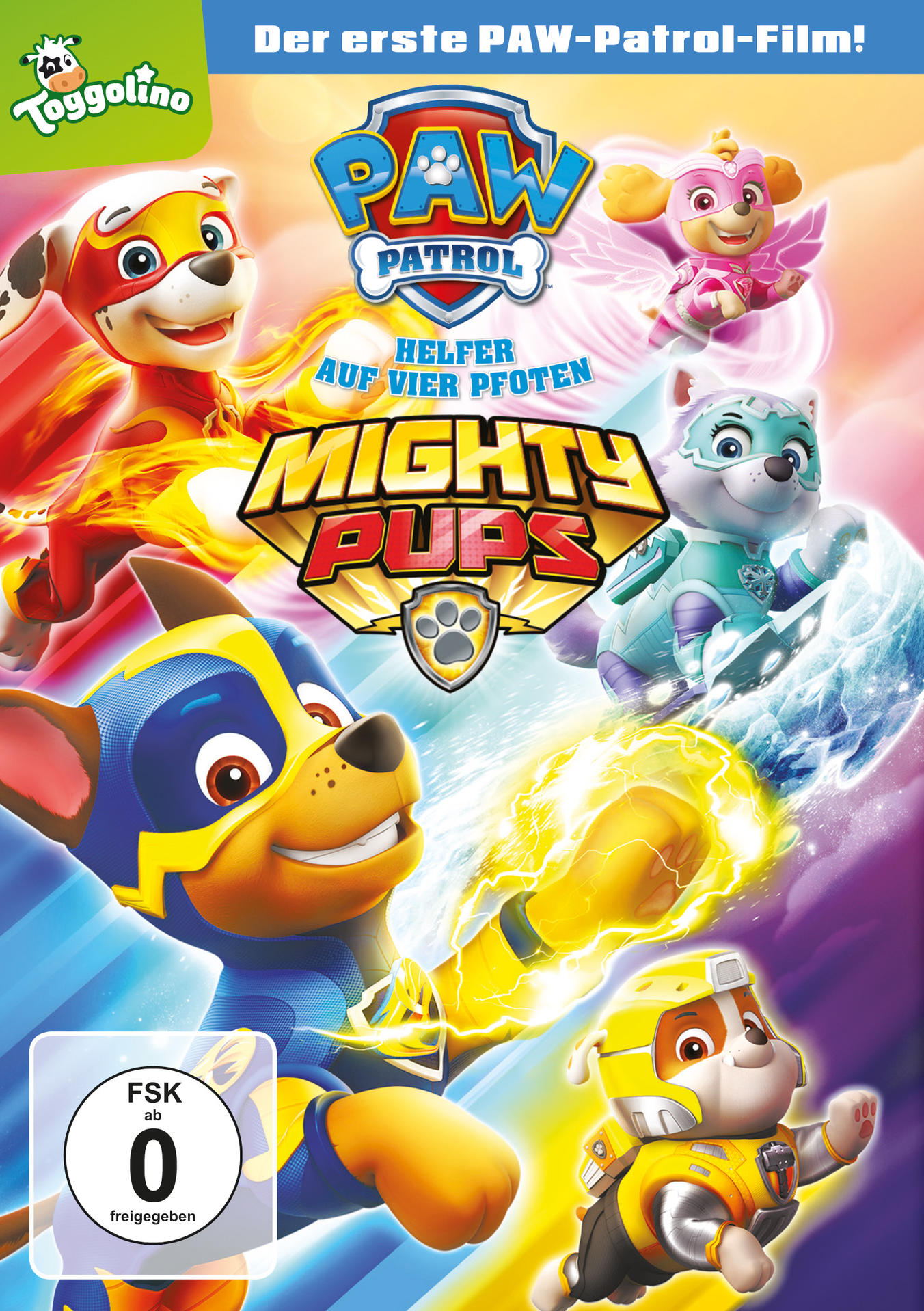 DVD-Cover: Paw Patrol Charaktere, Titel Mighty Pups, bunter Hintergrund.