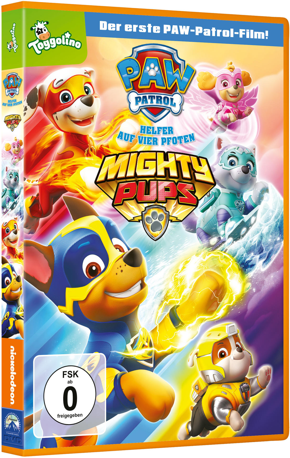 DVD-Cover für "PAW Patrol: Mighty Pups". Enthält Zeichentrickhunde mit Superkräften. Der Titel ist in einem goldenen Rahmen.