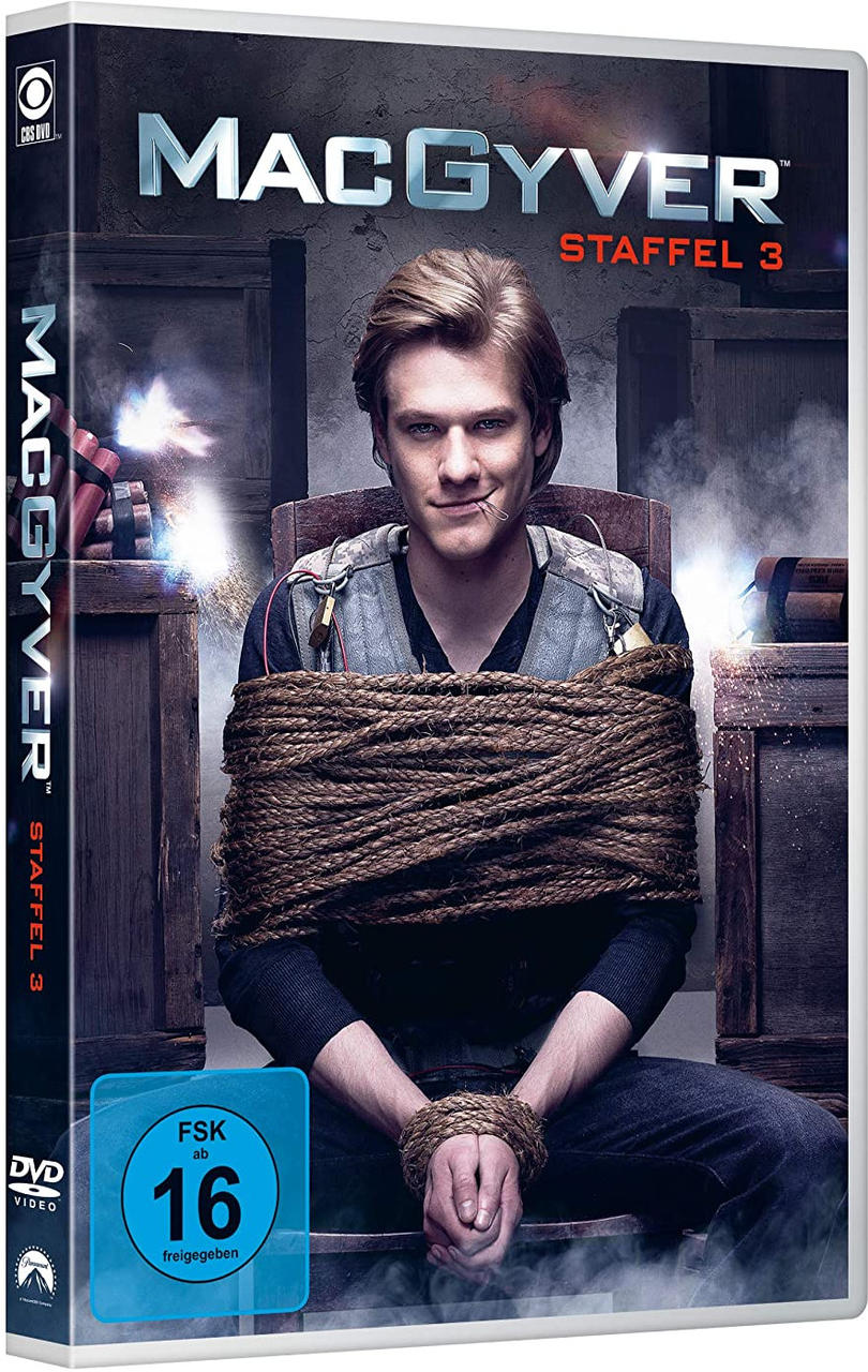 DVD-Cover von MacGyver, Staffel 3. Ein Mann ist gefesselt, umgeben von Explosionen.