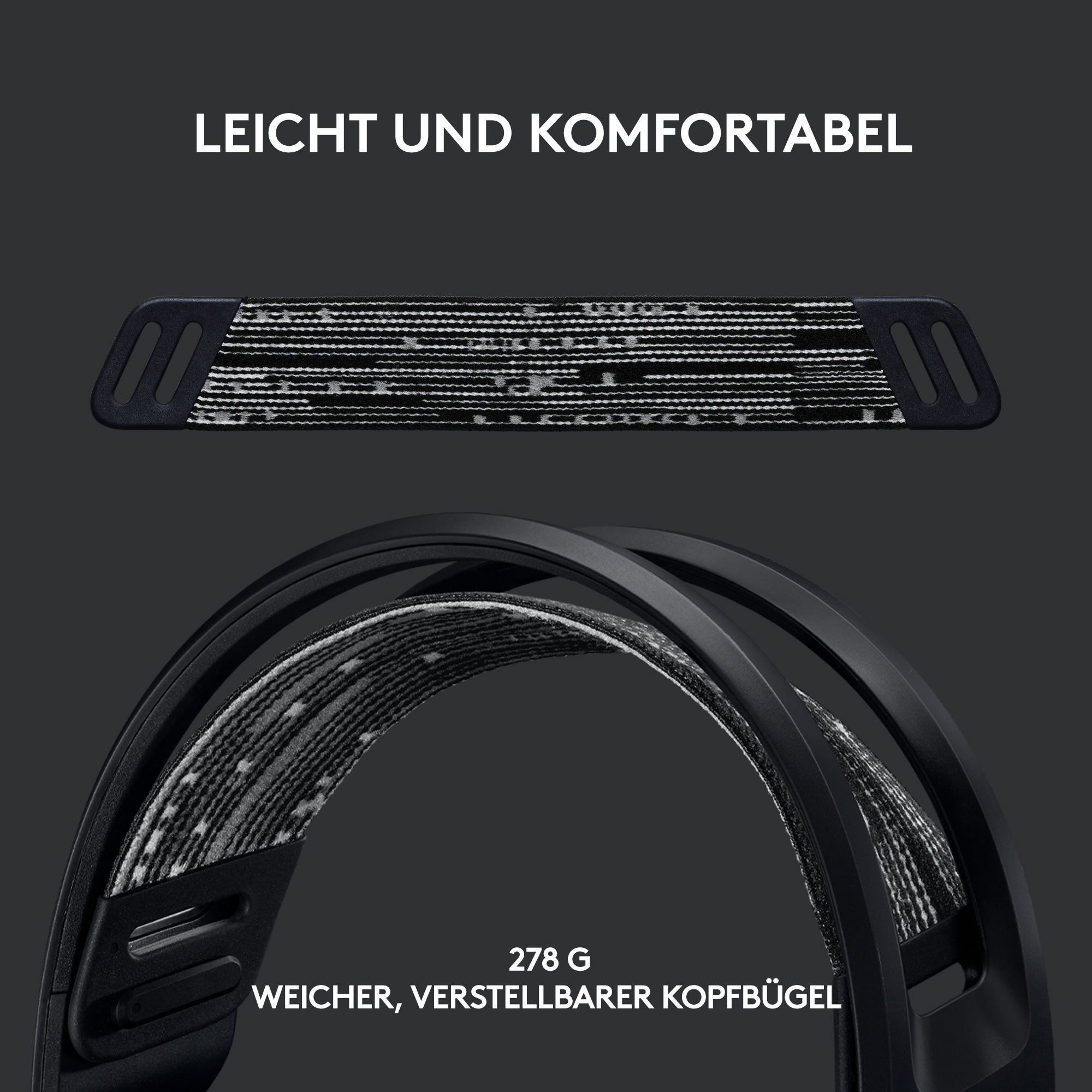 Kopfhörer mit schwarzen und grauen Elementen. Text: Leicht und komfortabel. Weiches, verstellbares Kopfband.