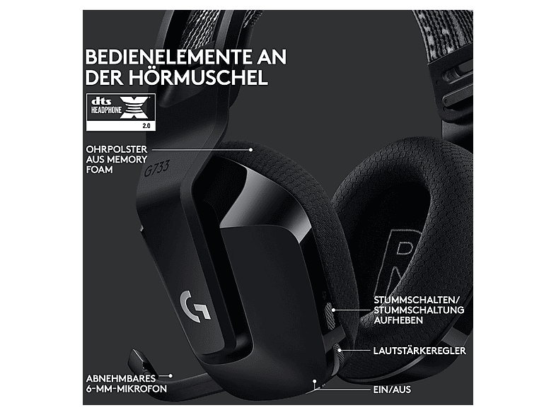 LOGITECH G G733 Lightspeed, extrem leichtes kabelloses Gaming Headset, Lightsync RGB, Schwarz — Foto 3 von 5