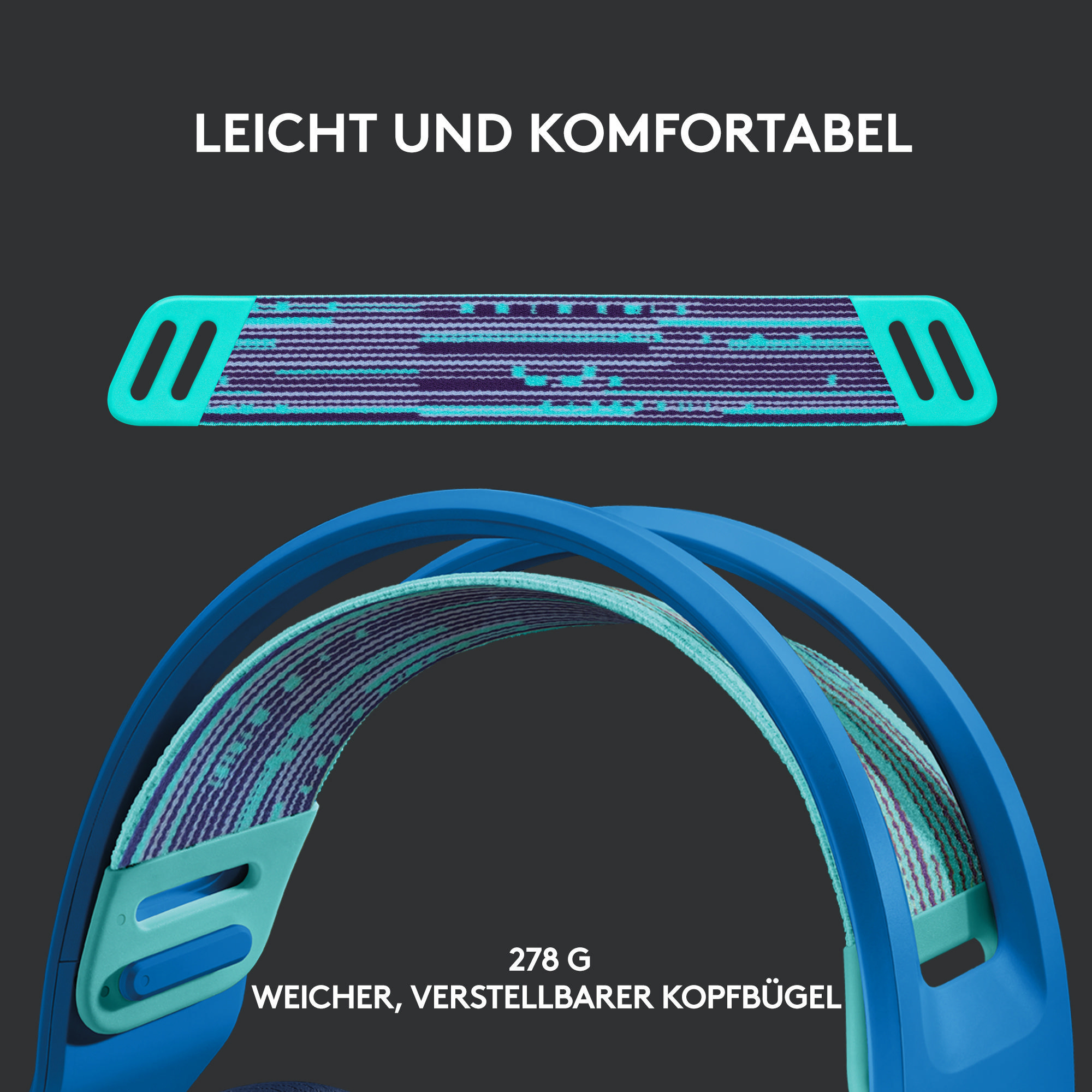 Blaue und violette Kopfhörer mit blauem Kopfband und Polsterung.