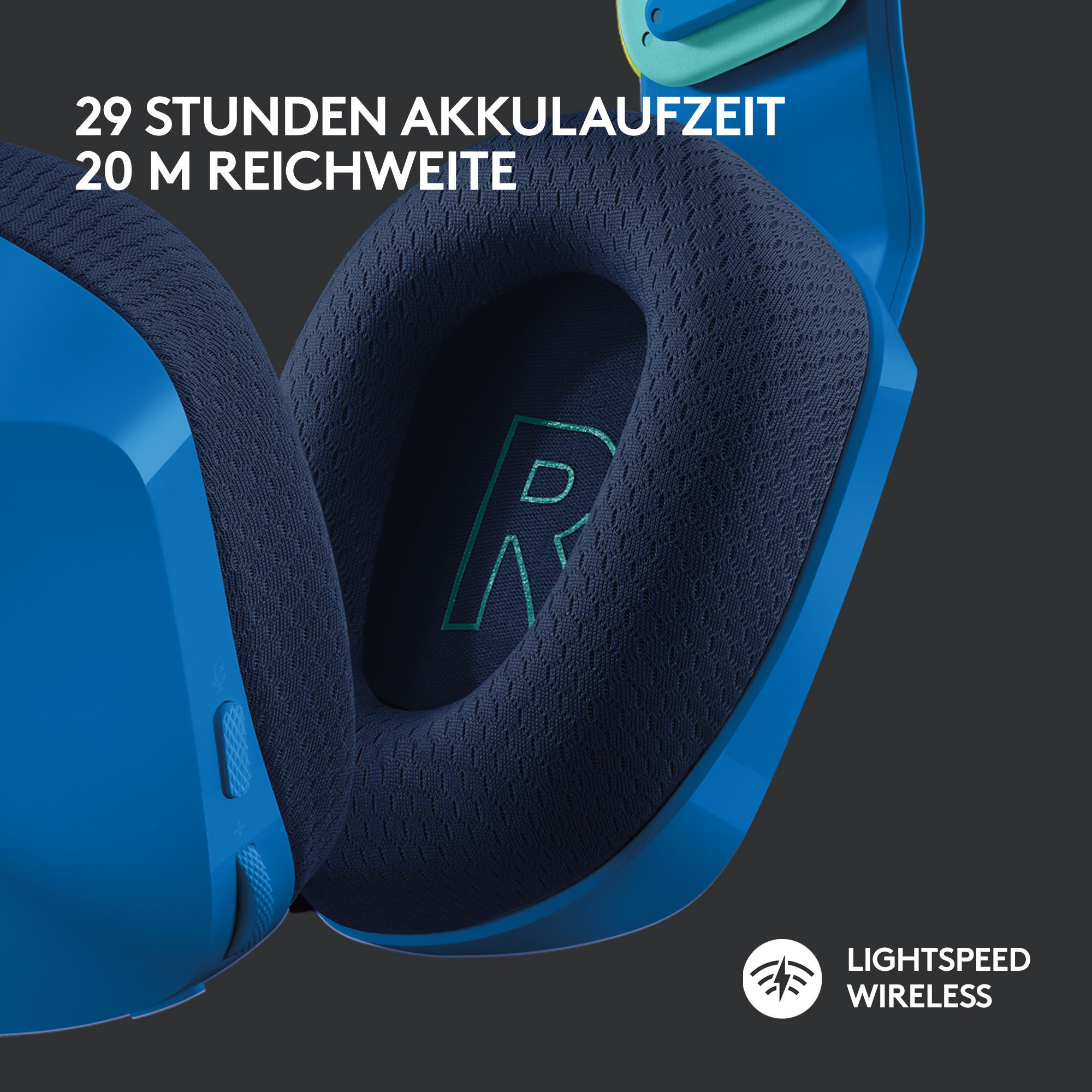 Blaue und schwarze Kopfhörer. Text: 29 Stunden Akku, 20 m Reichweite, Lightspeed Wireless.