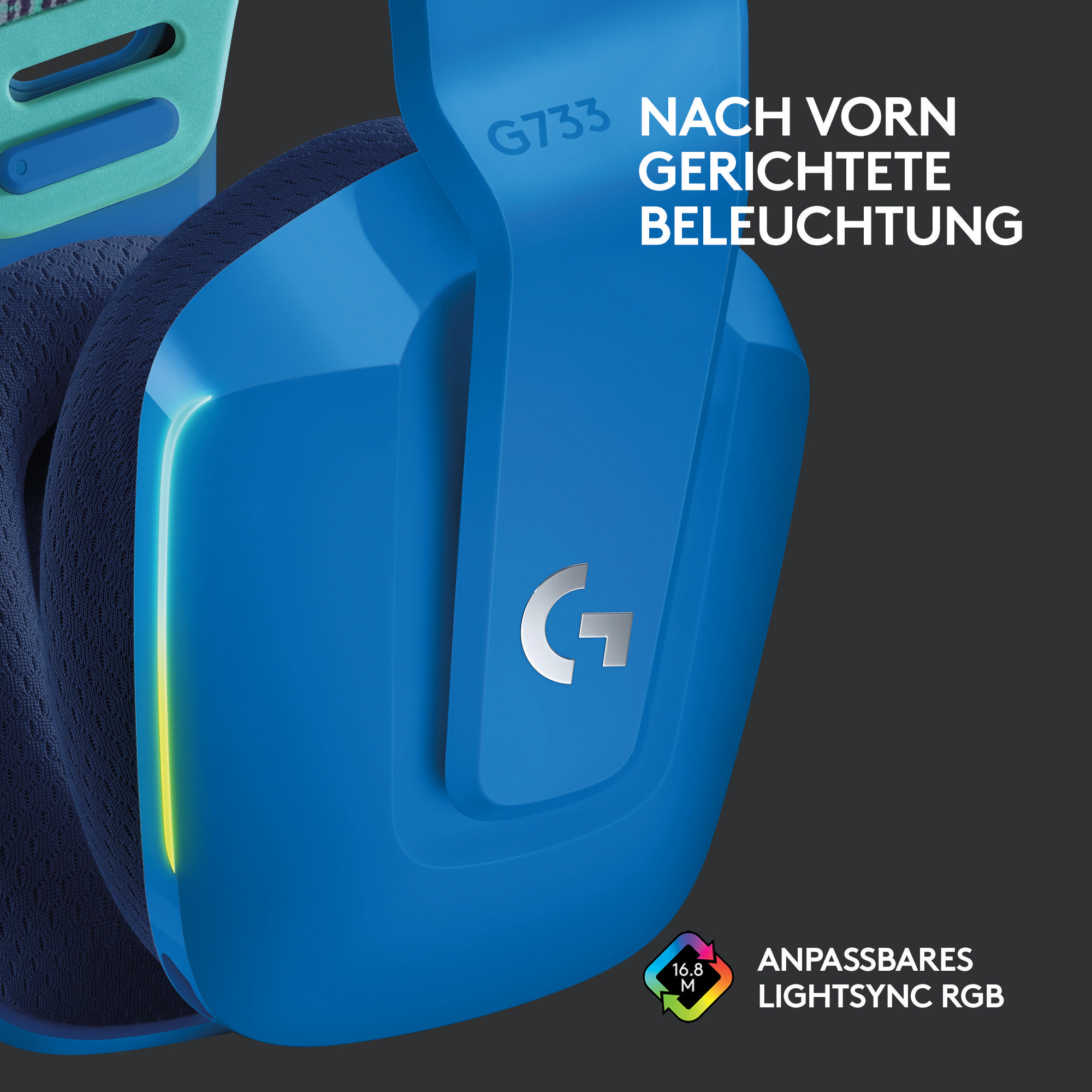 Blaues und schwarzes Gaming-Headset mit Logo und Text: G733 und anpassbaren Lichtern.