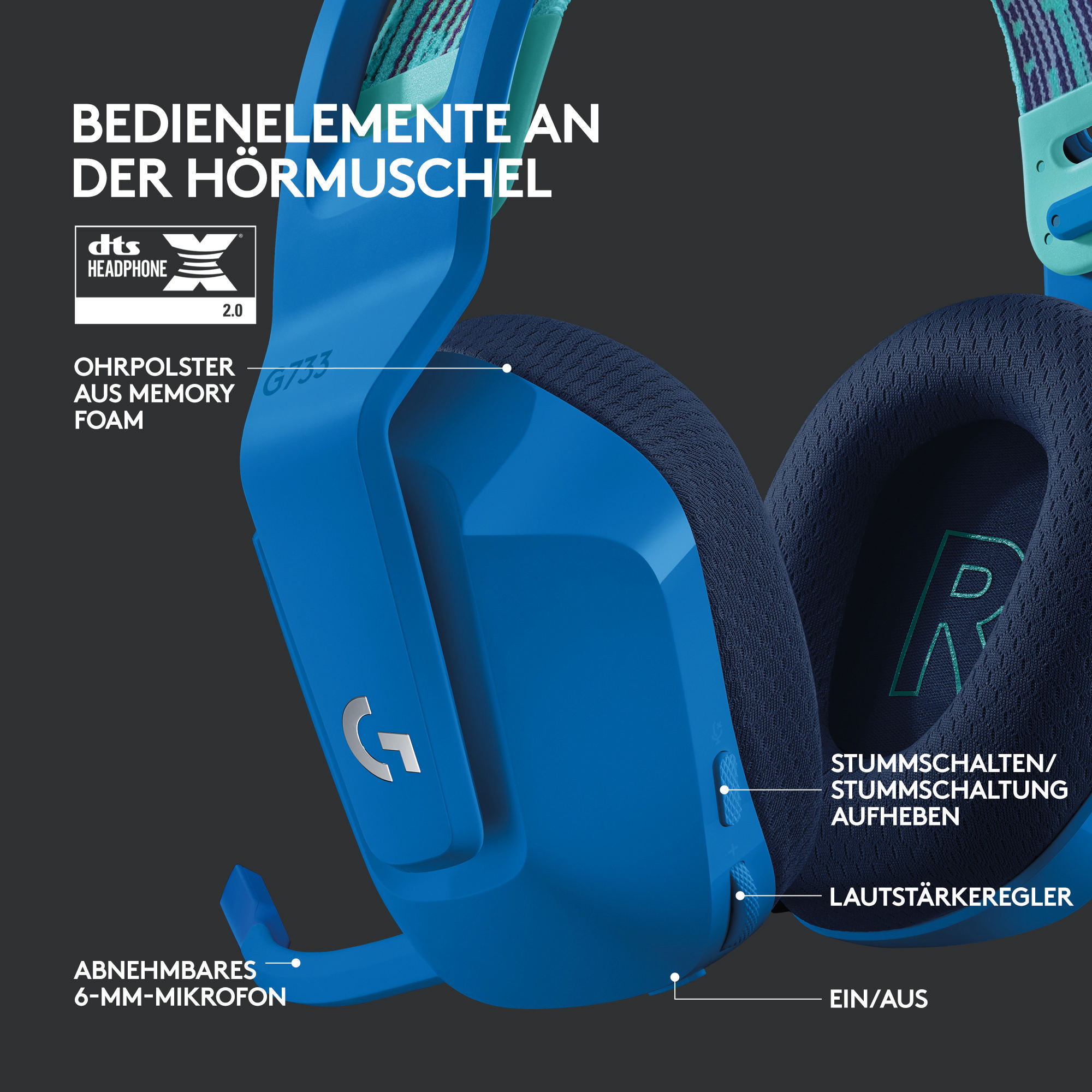 Blaues und türkisfarbenes Gaming-Headset mit beschrifteten Teilen und dem DTS Headphone X-Logo.