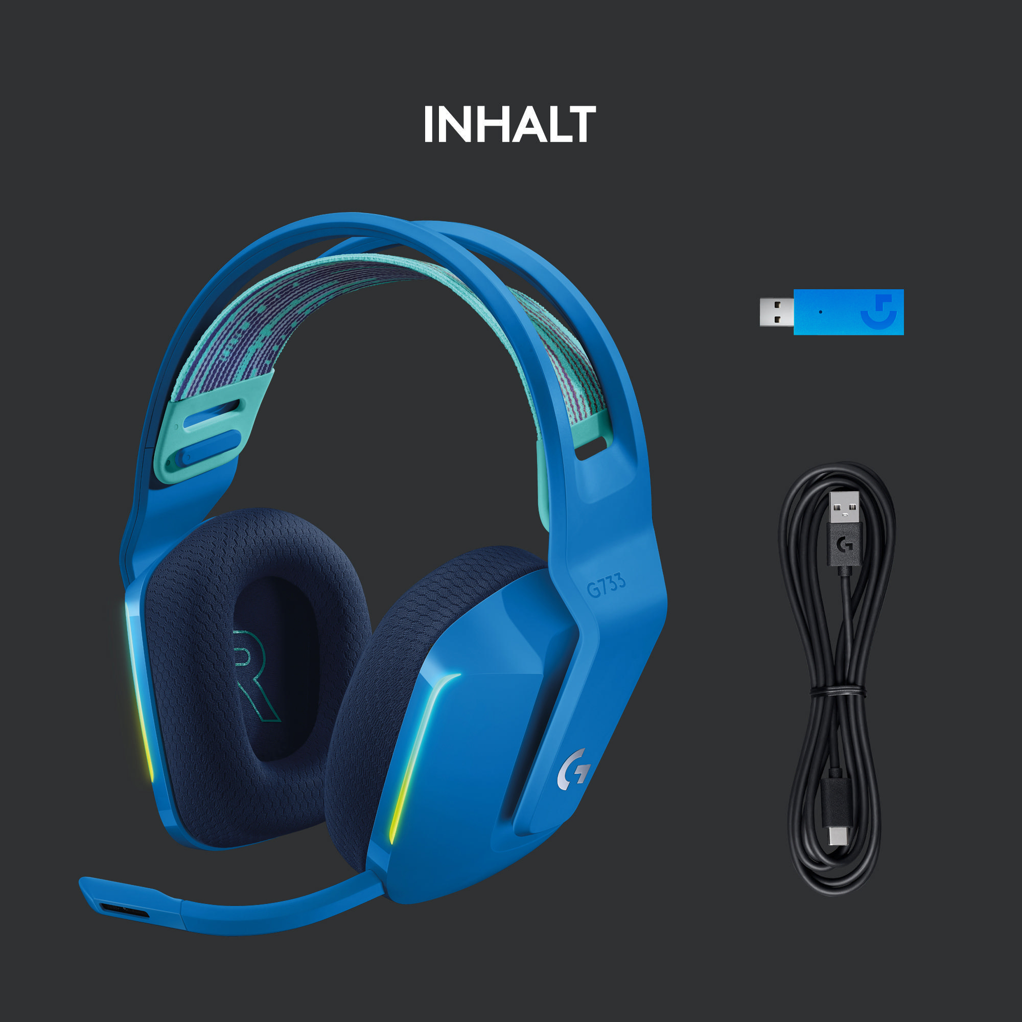 Blaues Gaming-Headset mit Mikrofon, USB-Dongle und Ladekabel. Alles auf dunklem Hintergrund.