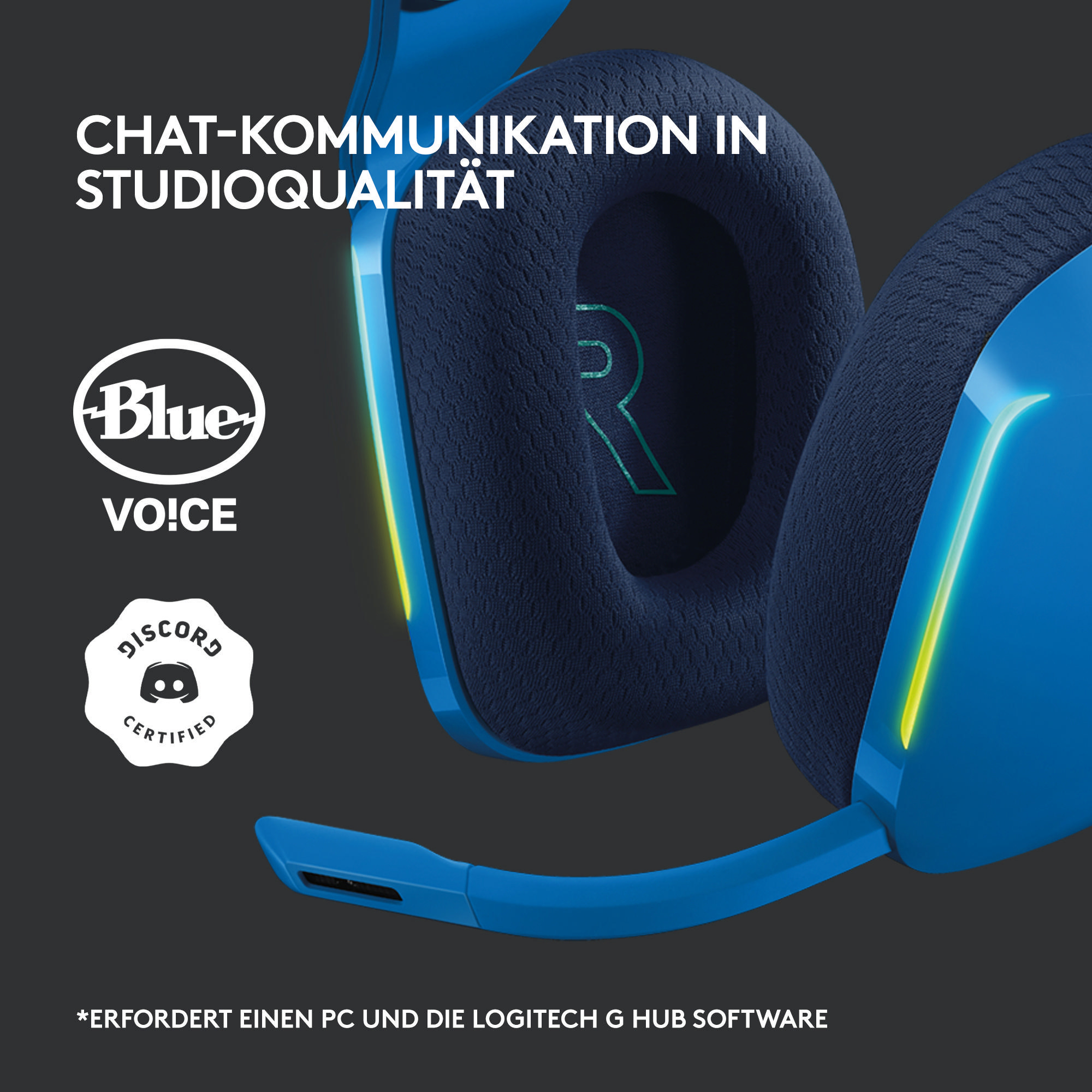 Blau-schwarzes Headset mit Mikrofon. Weißer Kreis mit Blue-Logo und Discord-Logo.