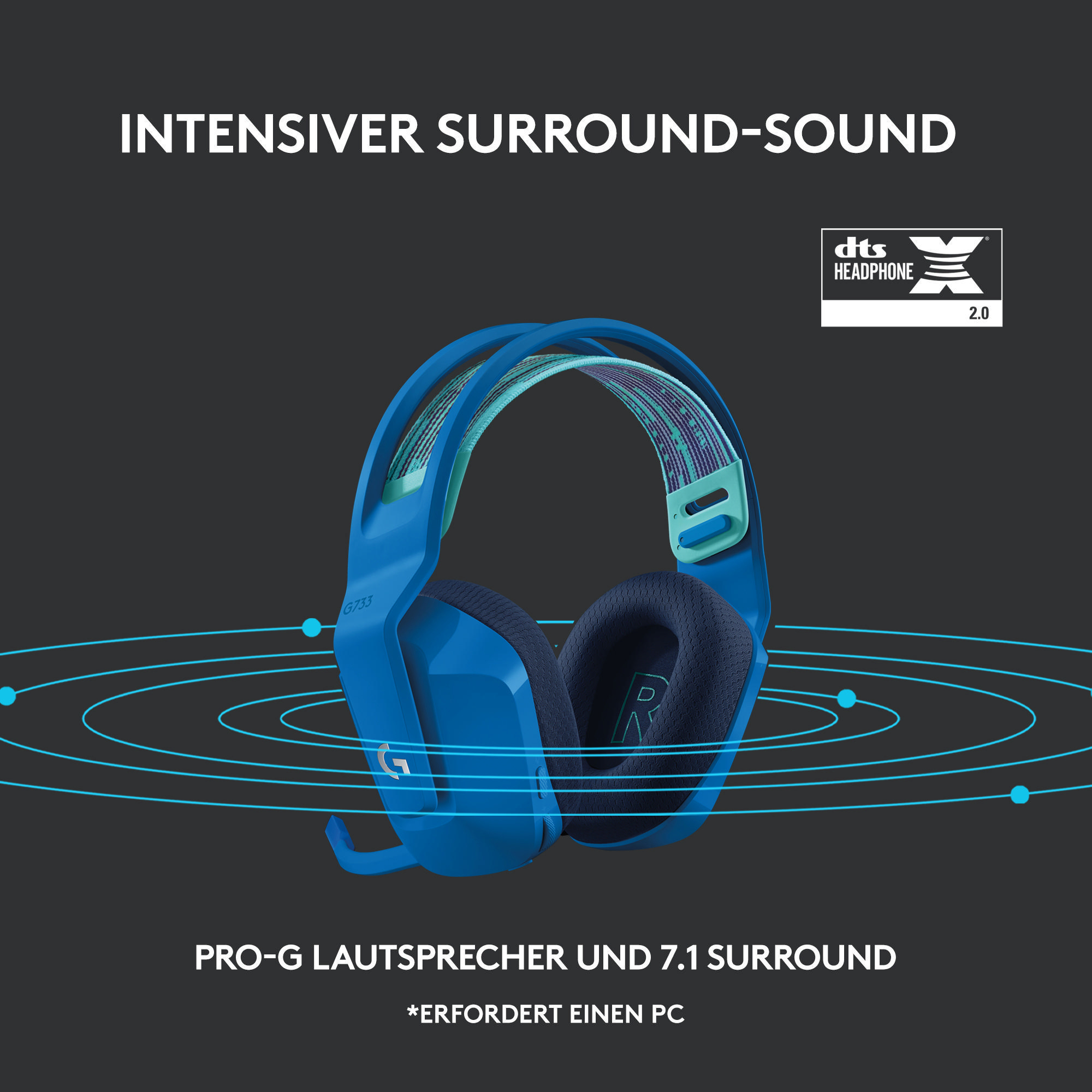 Blaues Gaming-Headset auf dunklem Hintergrund mit Text und Schallwellen-Grafiken.