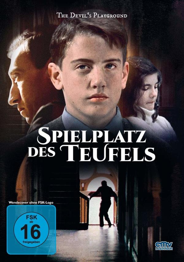 Filmposter. Der Titel lautet Spielplatz des Teufels, mit Menschen und einem dunklen Innenraum.
