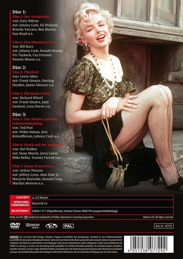 Rückseite einer DVD: Marilyn Monroe Bild, Filmtitel und Credits. Text auf Deutsch.