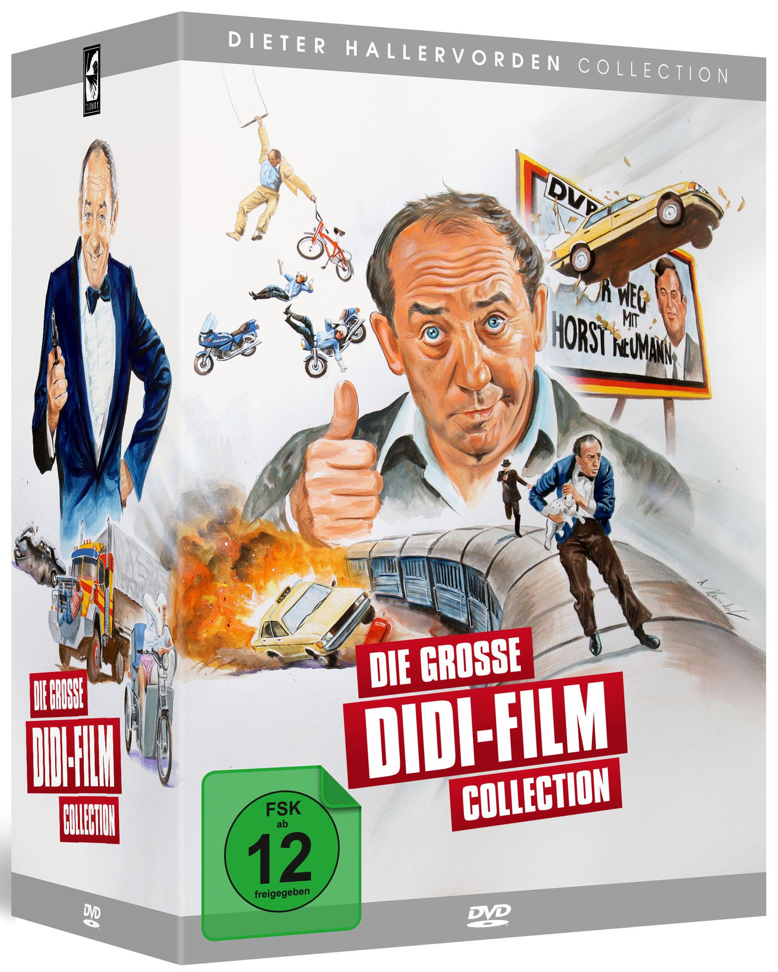 Eine DVD-Box mit einer bunten Illustration eines Mannes auf der Vorderseite und Text.