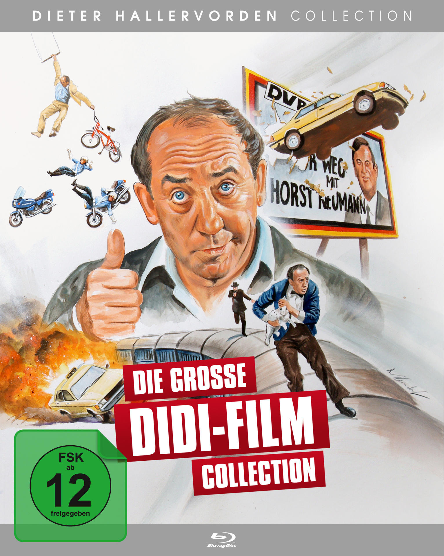 Filmposter: Dieter Hallervorden mit Figuren und Autos. Titel ist 'Die Grosse Didi-Film Collection'.