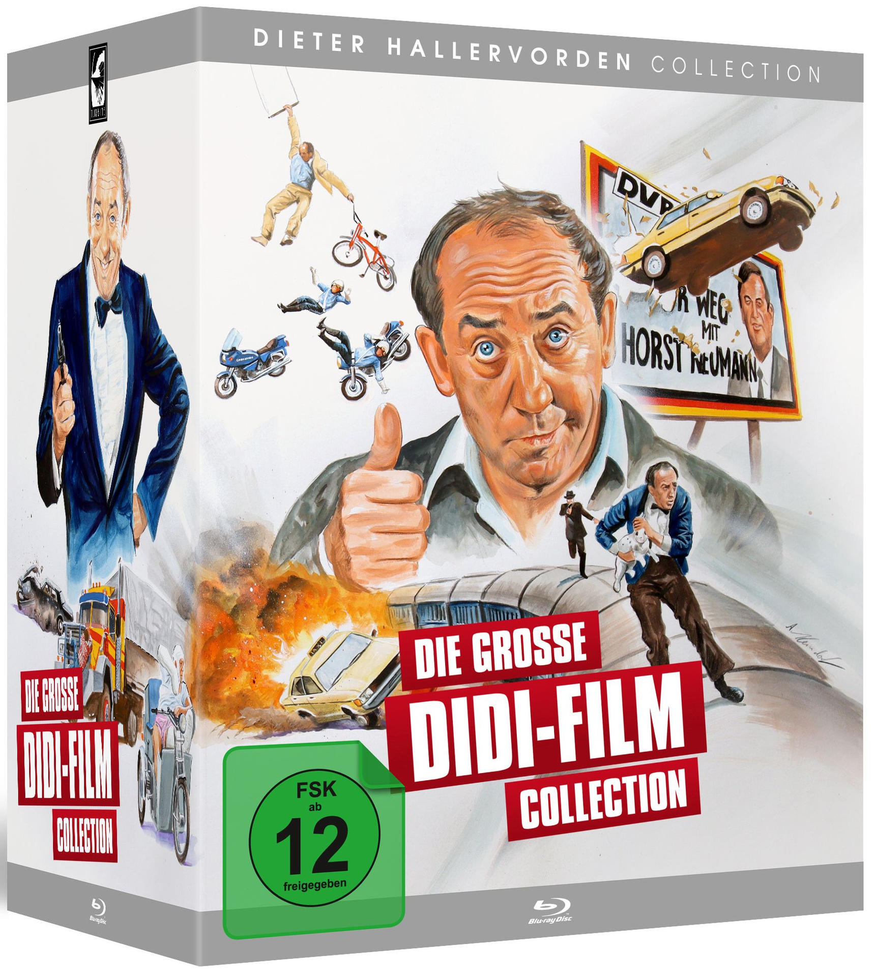Schachtel mit Filmplakaten mit einem Mann, der den Daumen hochhält.