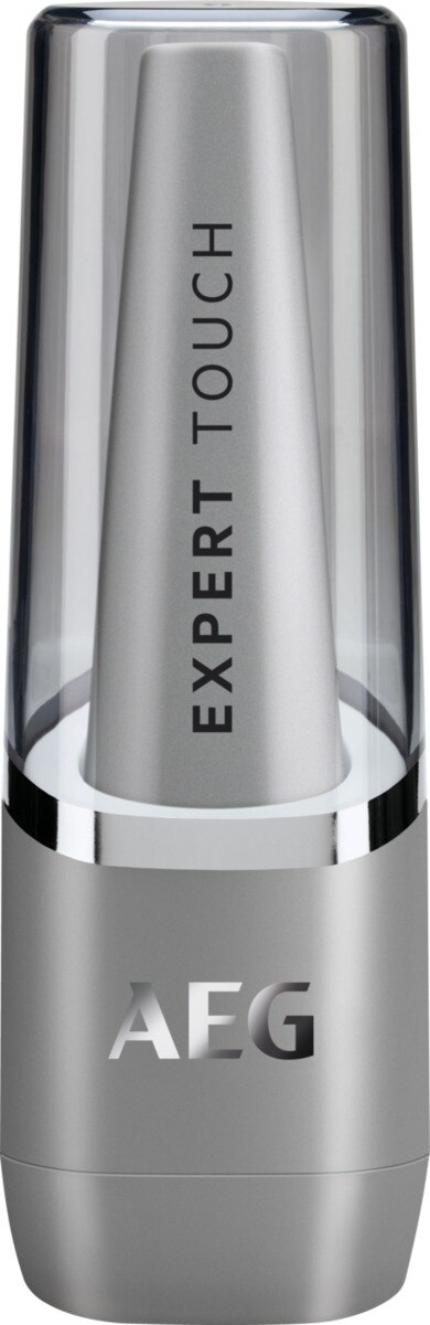 Silver electric shaver with a clear cap. It has the text "EXPERT TOUCH" and the brand "AEG".