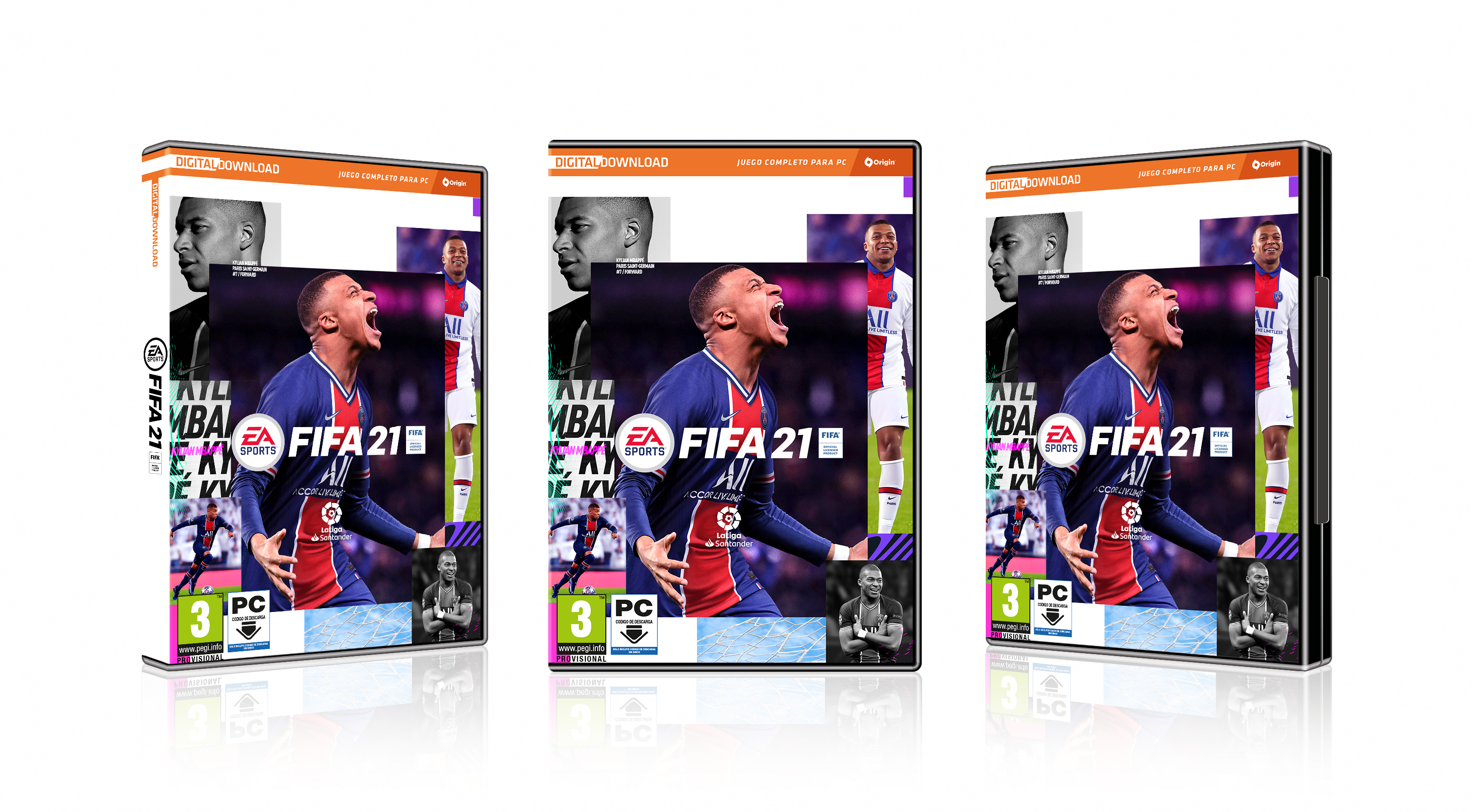 Tres cajas del juego FIFA 21. La portada muestra a un jugador de fútbol.