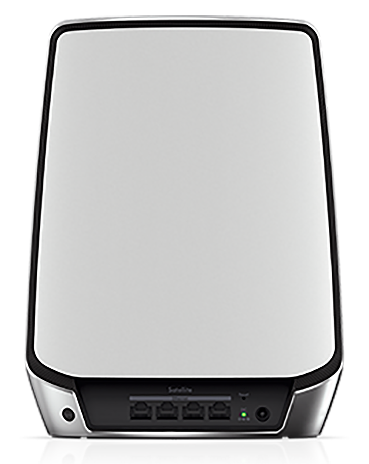 White satellite router with black accents. Shows ports and a green light.