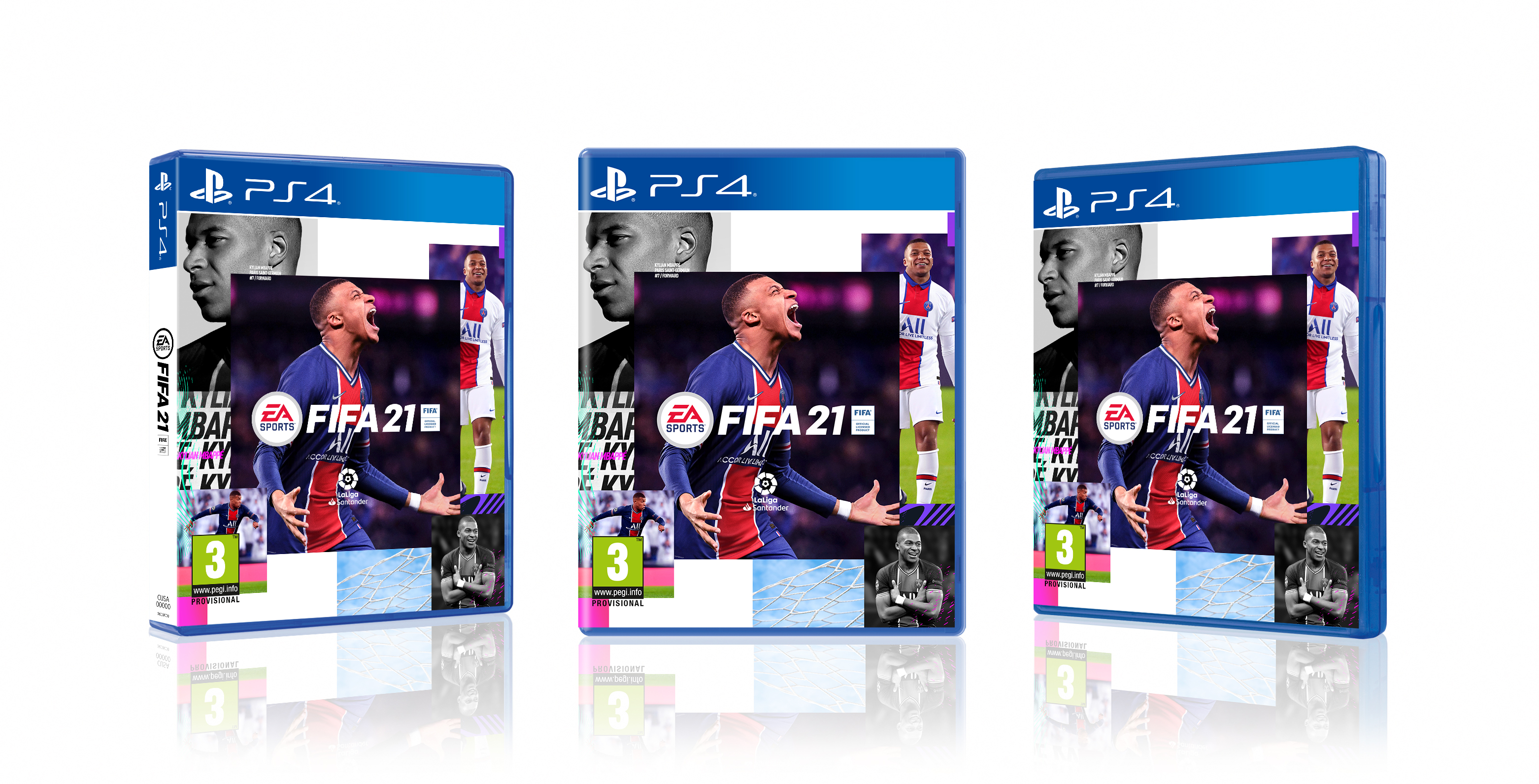 Tres carátulas de juego de PS4 para FIFA 21, que muestran a un jugador con una equipación azul y blanca.
