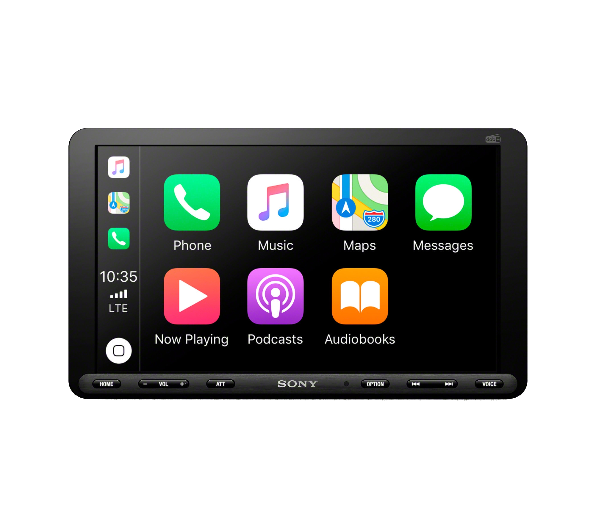 Auto-Infotainmentsystem mit Symbolen für Telefon, Musik, Karten, Nachrichten und mehr.
