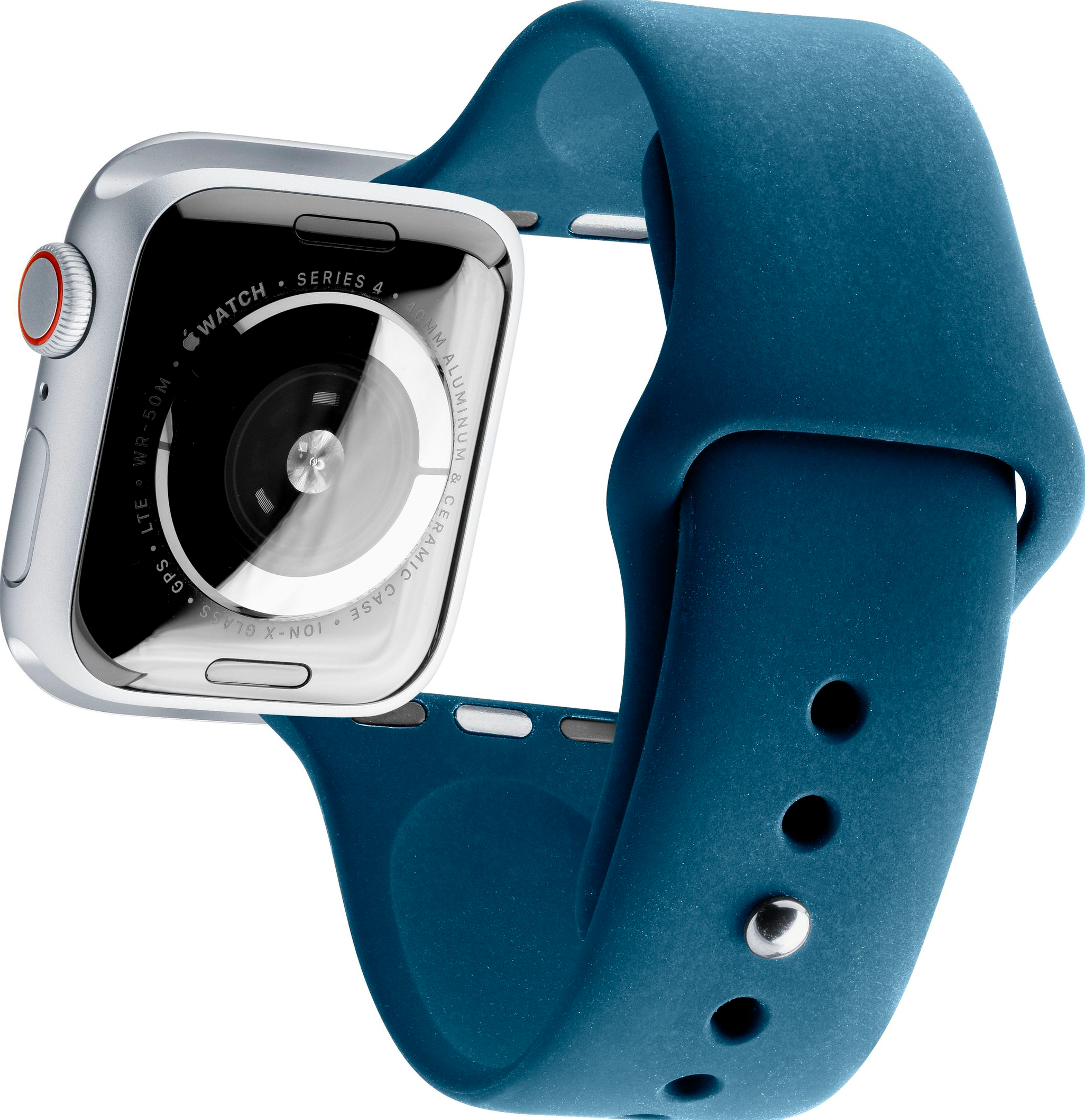 Silberne Apple Watch Series 4 mit blauem Band, Unterseite der Uhr wird gezeigt.