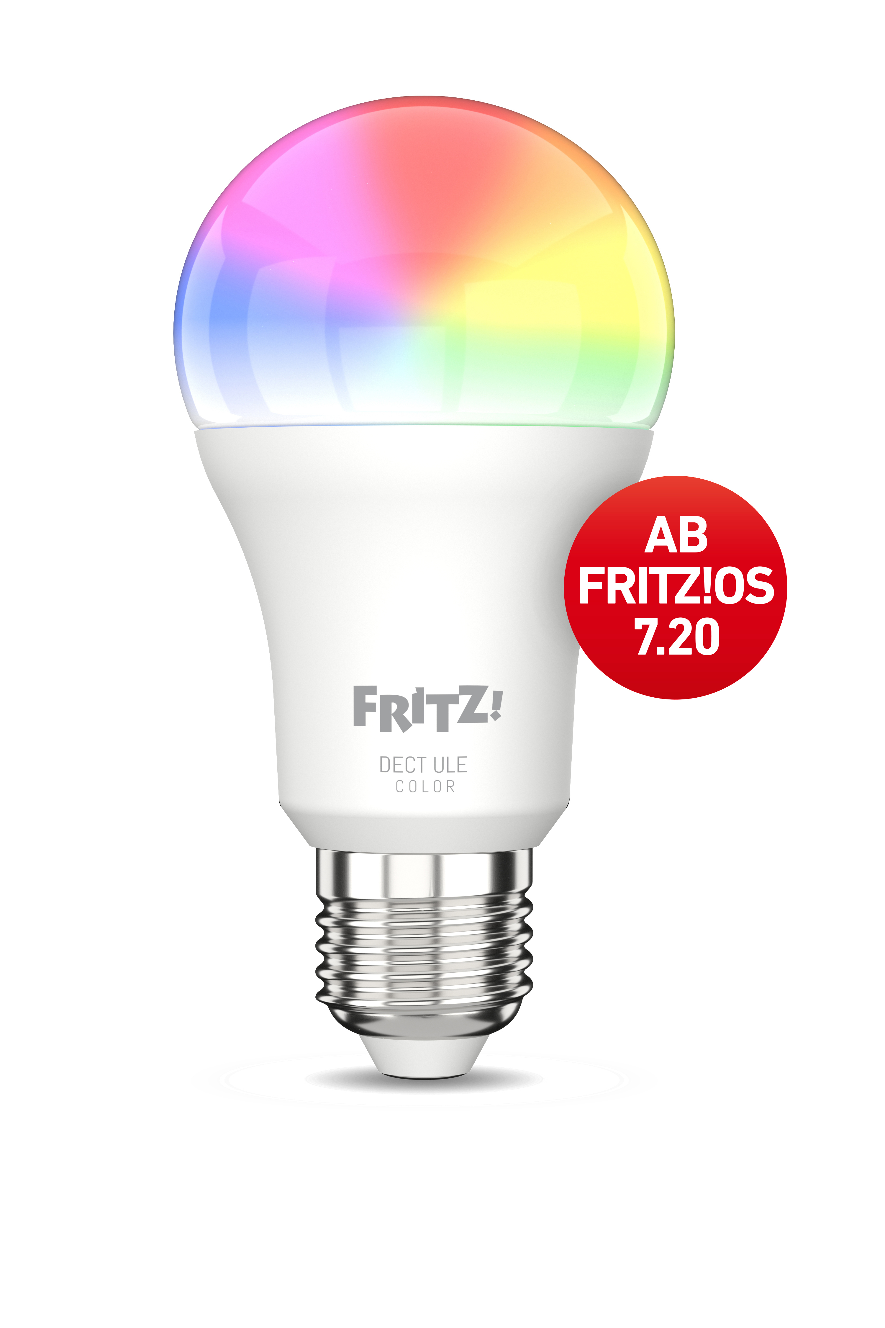 Weiße intelligente Glühbirne mit mehrfarbigem Licht. Roter Kreis sagt 'AB FRITZ!OS 7.20'.