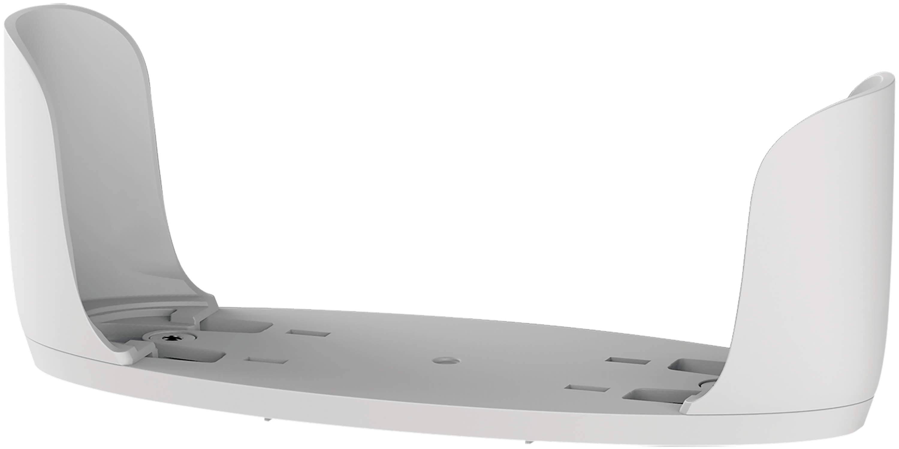 White wall mount for a device, with two curved arms and a flat base. Background is black.