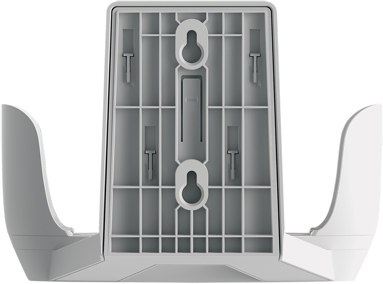 White wall mount with multiple slots and holes for mounting, with a grid pattern.
