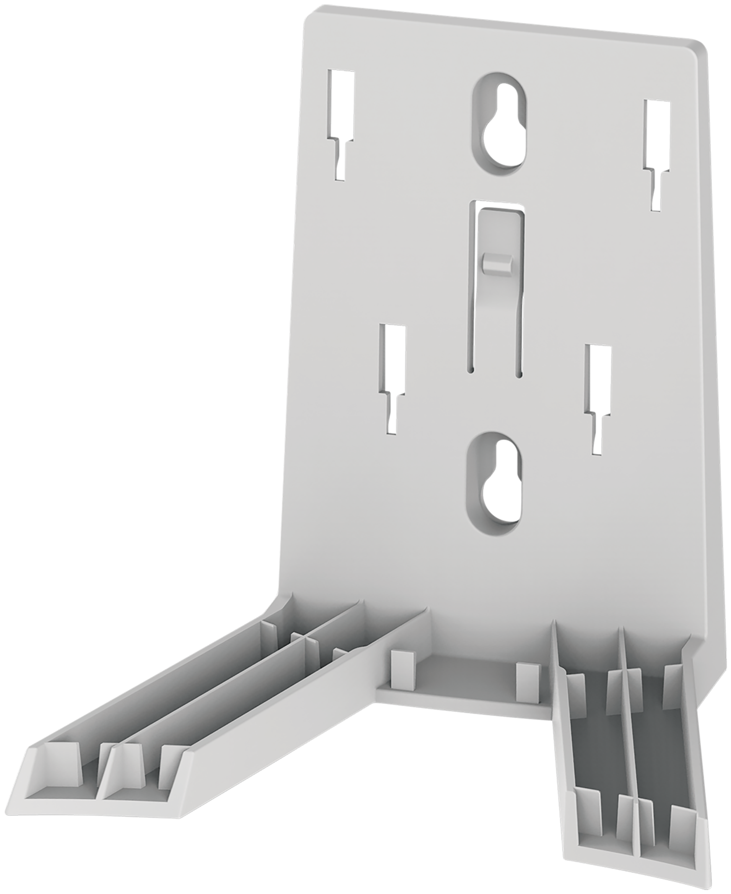 White plastic mount with slots and holes, seen from an angled perspective, for hanging.