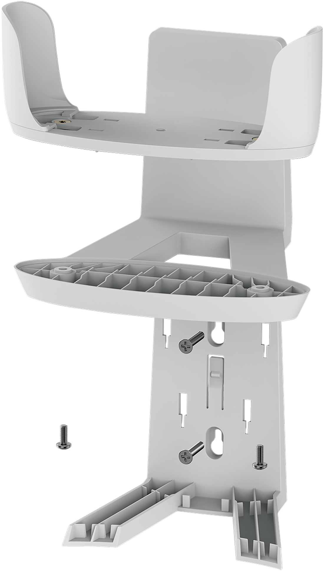 White bracket assembly with screws. The bracket has multiple levels and is for a wall mounting.