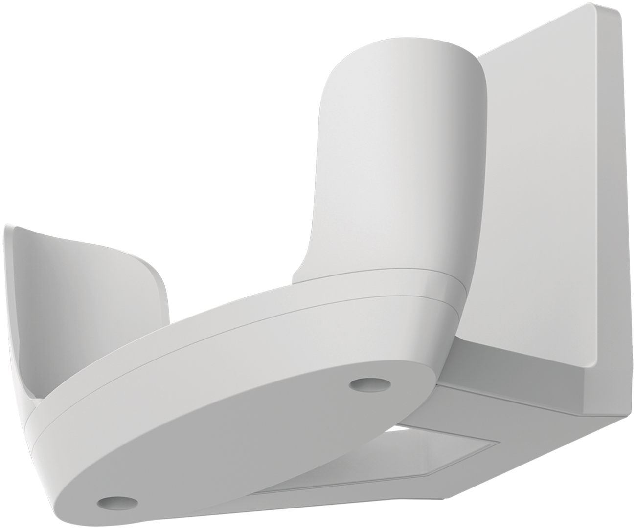 White wall-mounted speaker holder, side view.