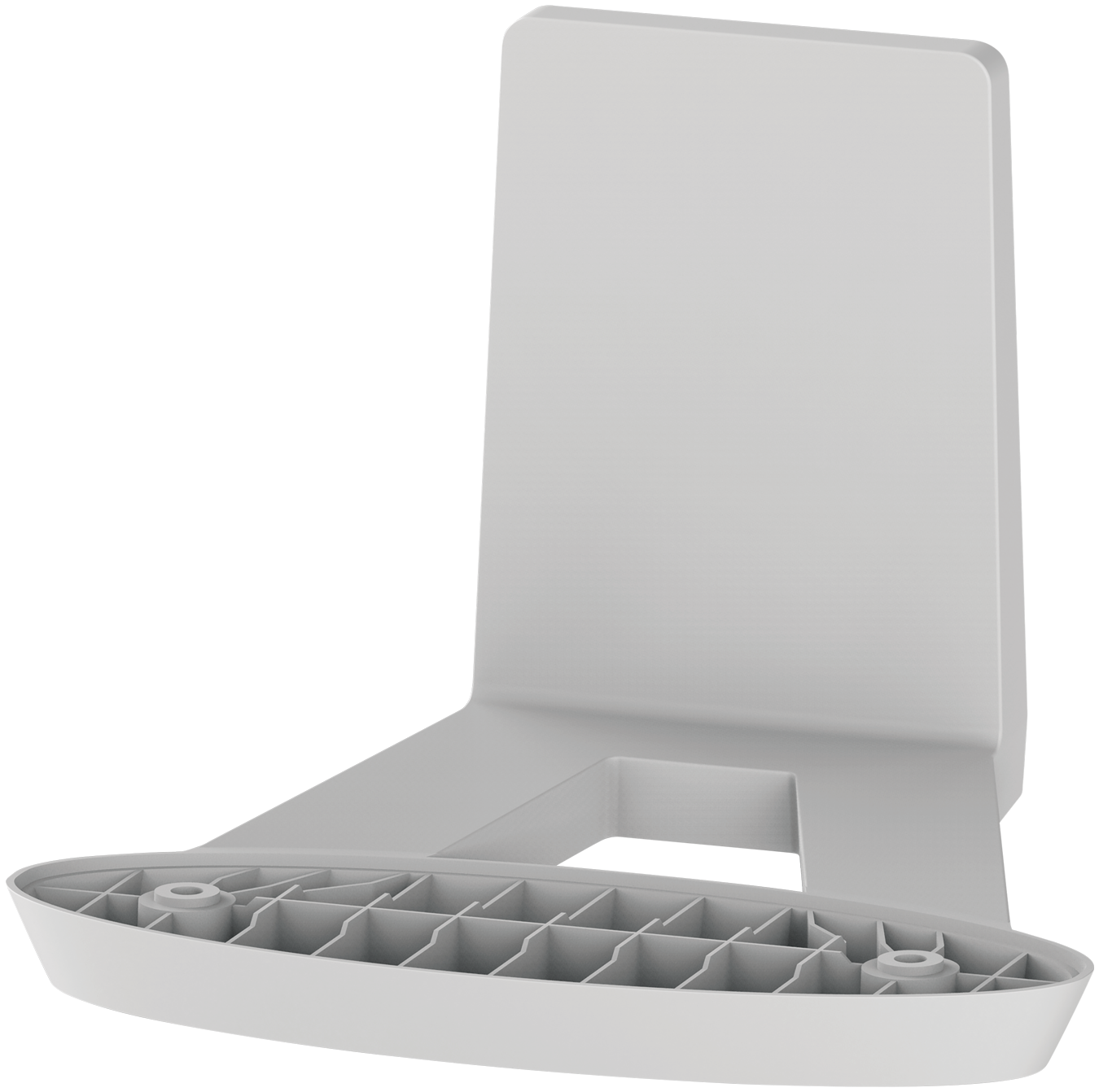 A white, plastic stand with a base and a back. It is on a transparent background.