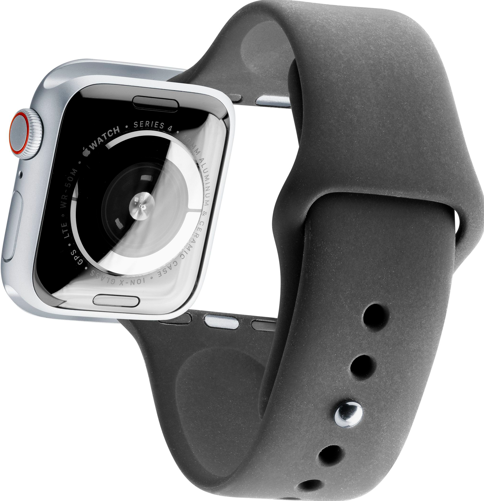 Eine silberne Apple Watch Series 4 mit schwarzem Armband. Der Bildschirm zeigt das Zifferblatt.