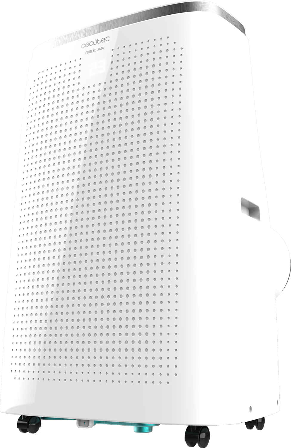 White air purifier with a lot of holes on the front. It has digital display and wheels.