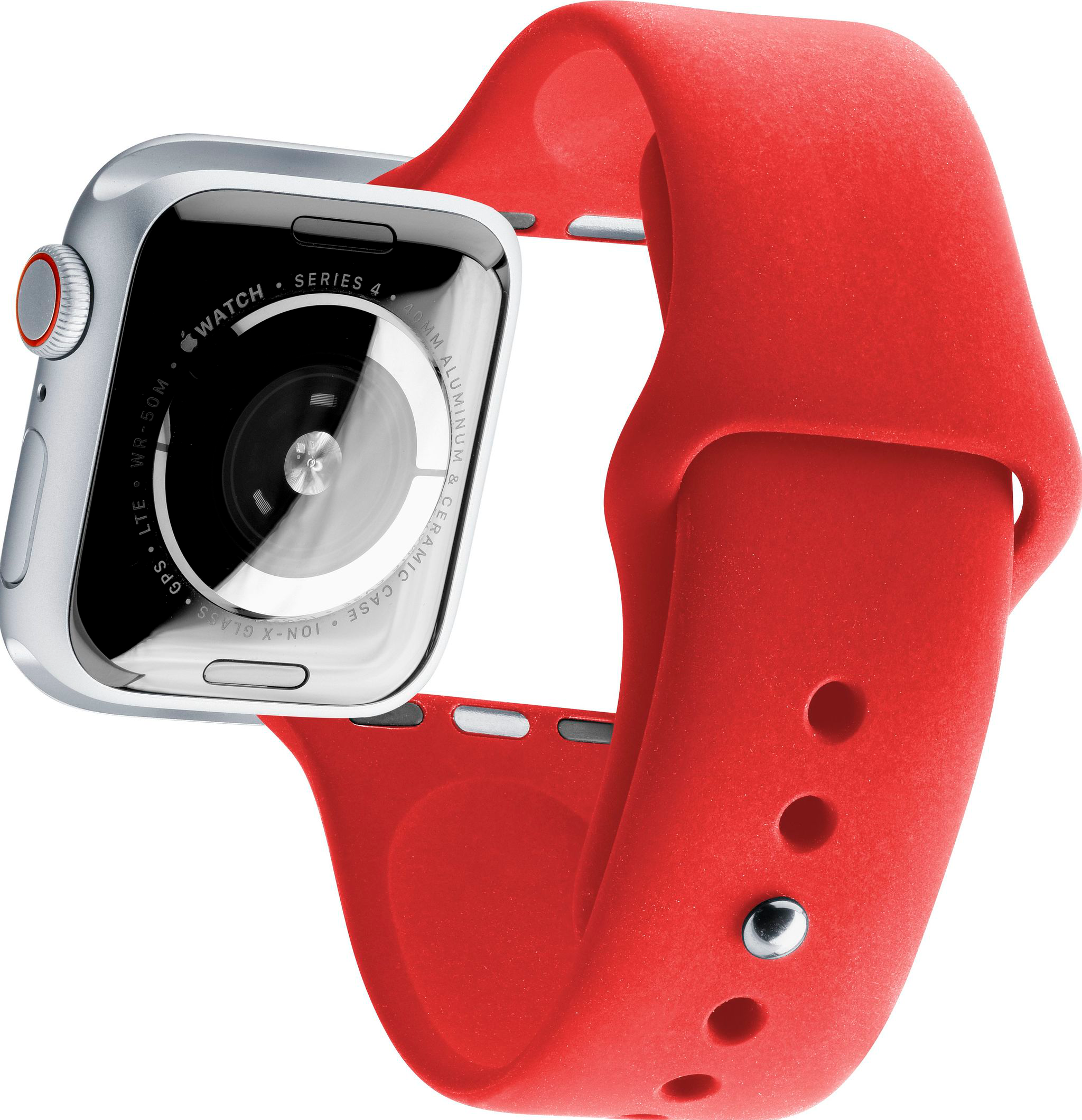 Apple Watch Series 4 mit rotem Sportarmband. Das Zifferblatt ist sichtbar. Weißer Hintergrund.