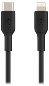 Câble noir USB-C vers Lightning, avec des connecteurs à chaque extrémité.
