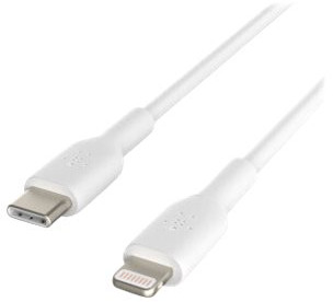 Câble USB Belkin blanc avec un connecteur USB-C et un connecteur Lightning.