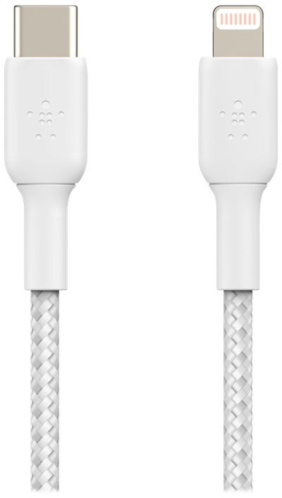 Câble de chargement blanc avec connecteur USB-C et Lightning. Câble tressé.