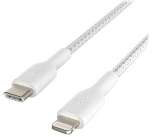 White USB-C to Lightning cable. Braided design. Connectors at both ends.
