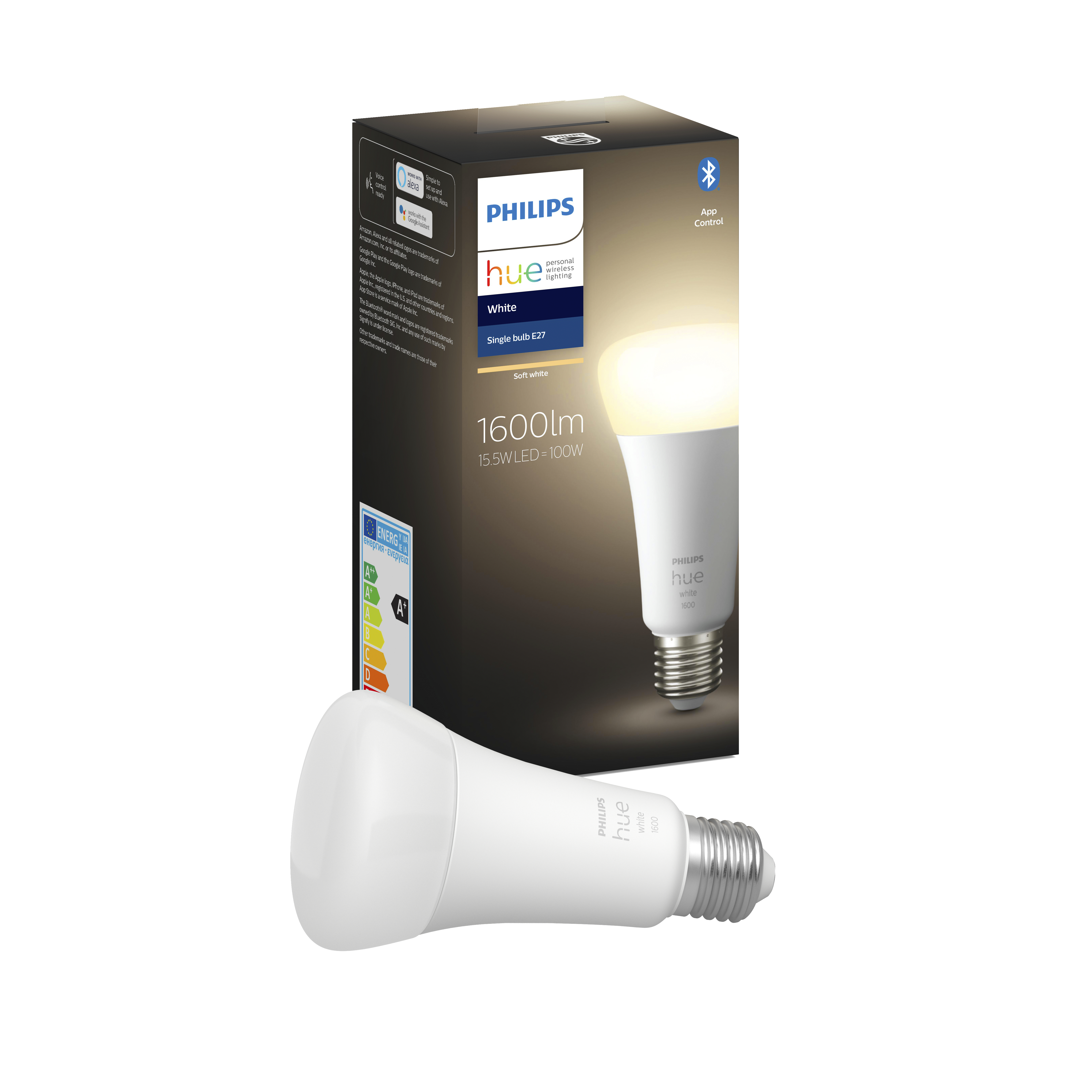 Weiße Philips Hue Smart-Glühbirne mit Karton. Die Box zeigt das Licht und seine Funktionen.