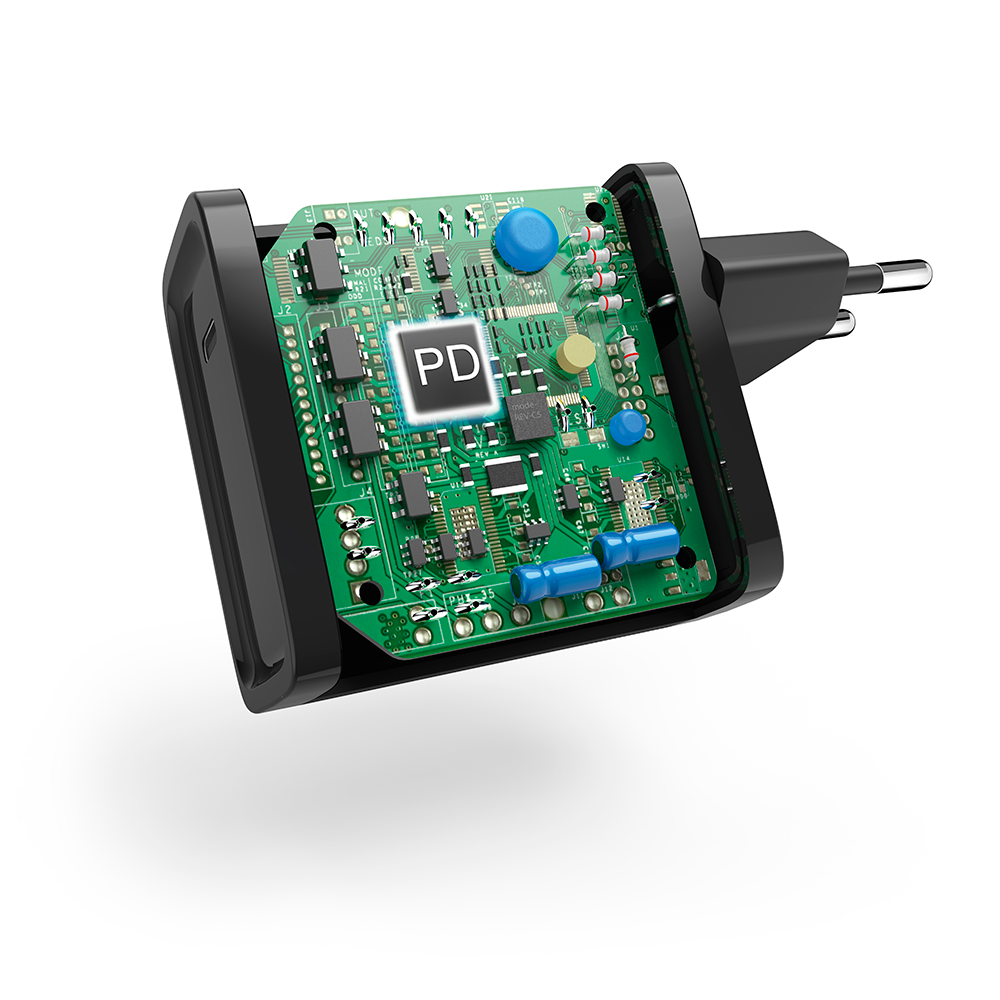 Black charger adapter showing its internal circuit board.