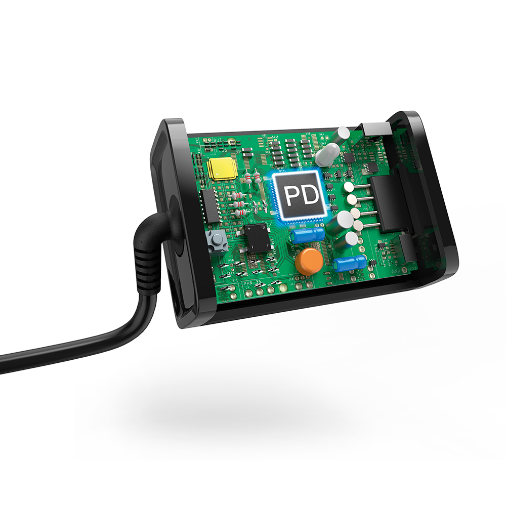 Circuit board with a black frame. A black cord is attached. The text 'PD' is visible.