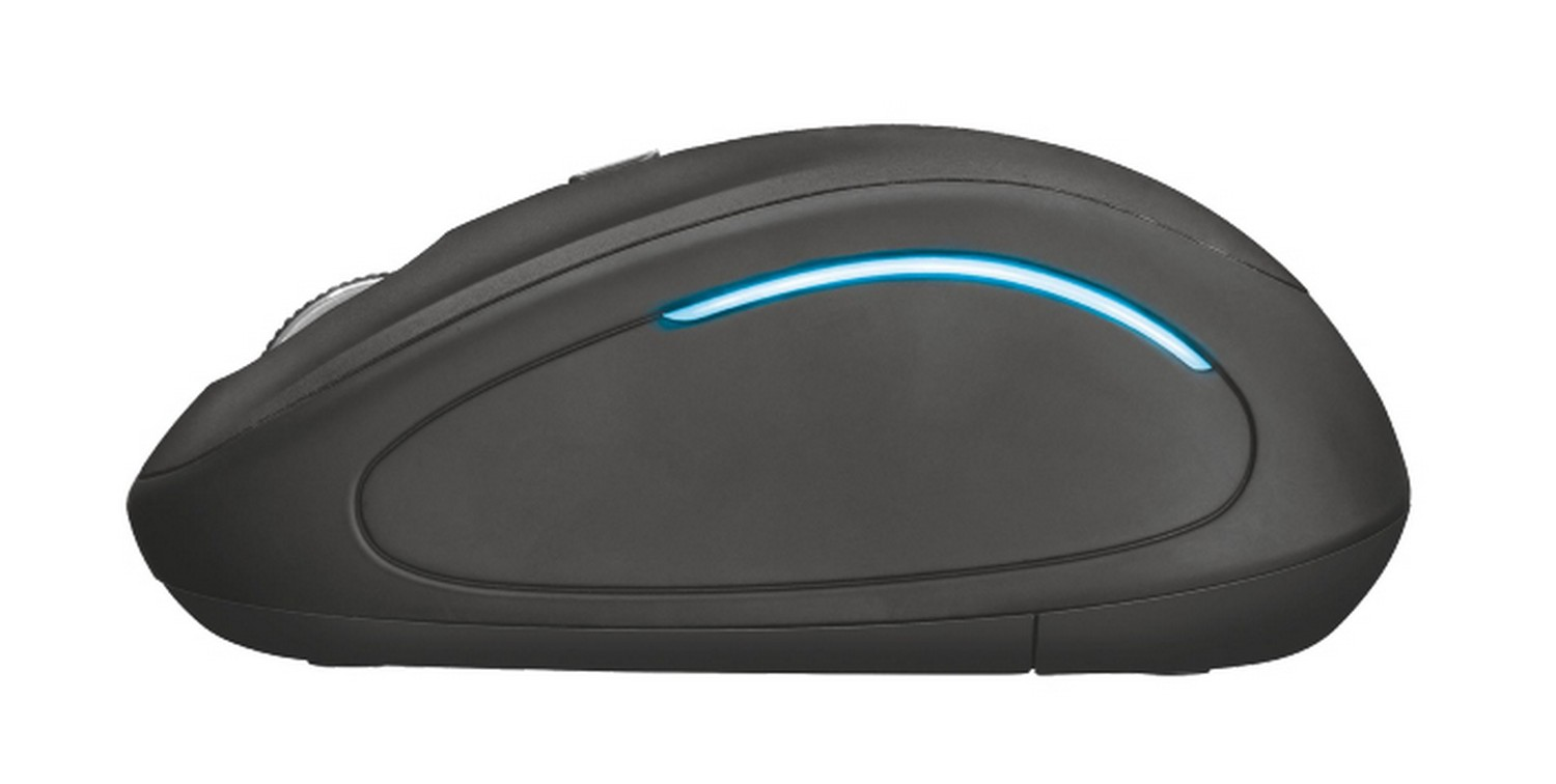 Ratón inalámbrico negro con una luz azul en la parte superior.