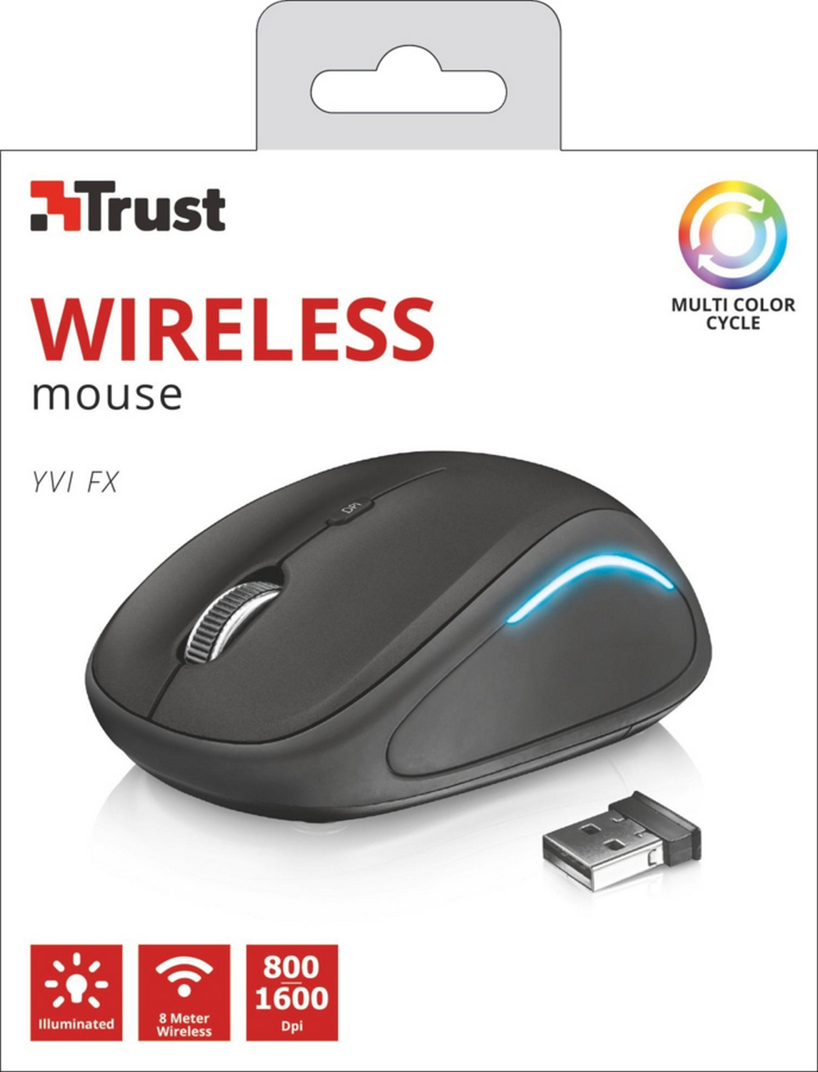 Ratón inalámbrico negro Trust sobre fondo blanco con receptor USB.