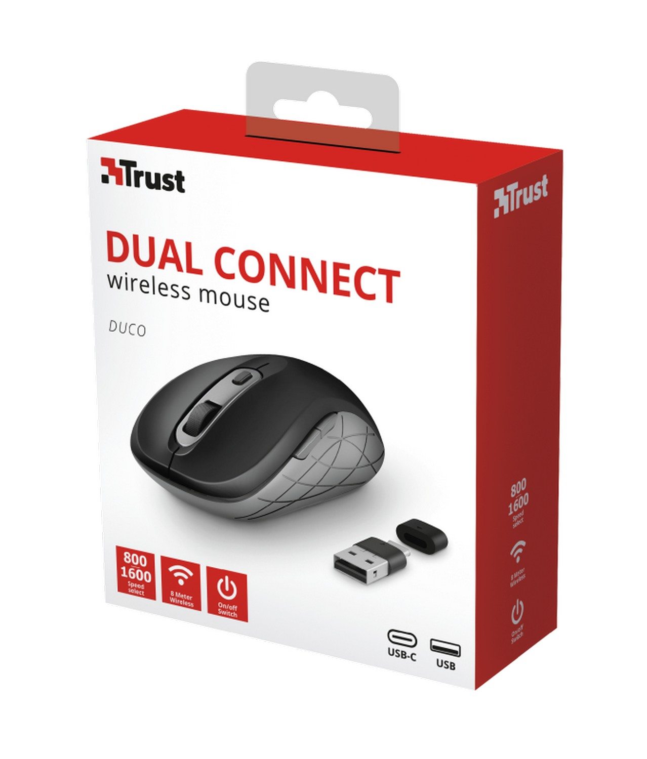 Ratón inalámbrico - Trust Duco Dual Connect, Óptico, 1600 ppp, Receptor USB-A, USB-C, Negro