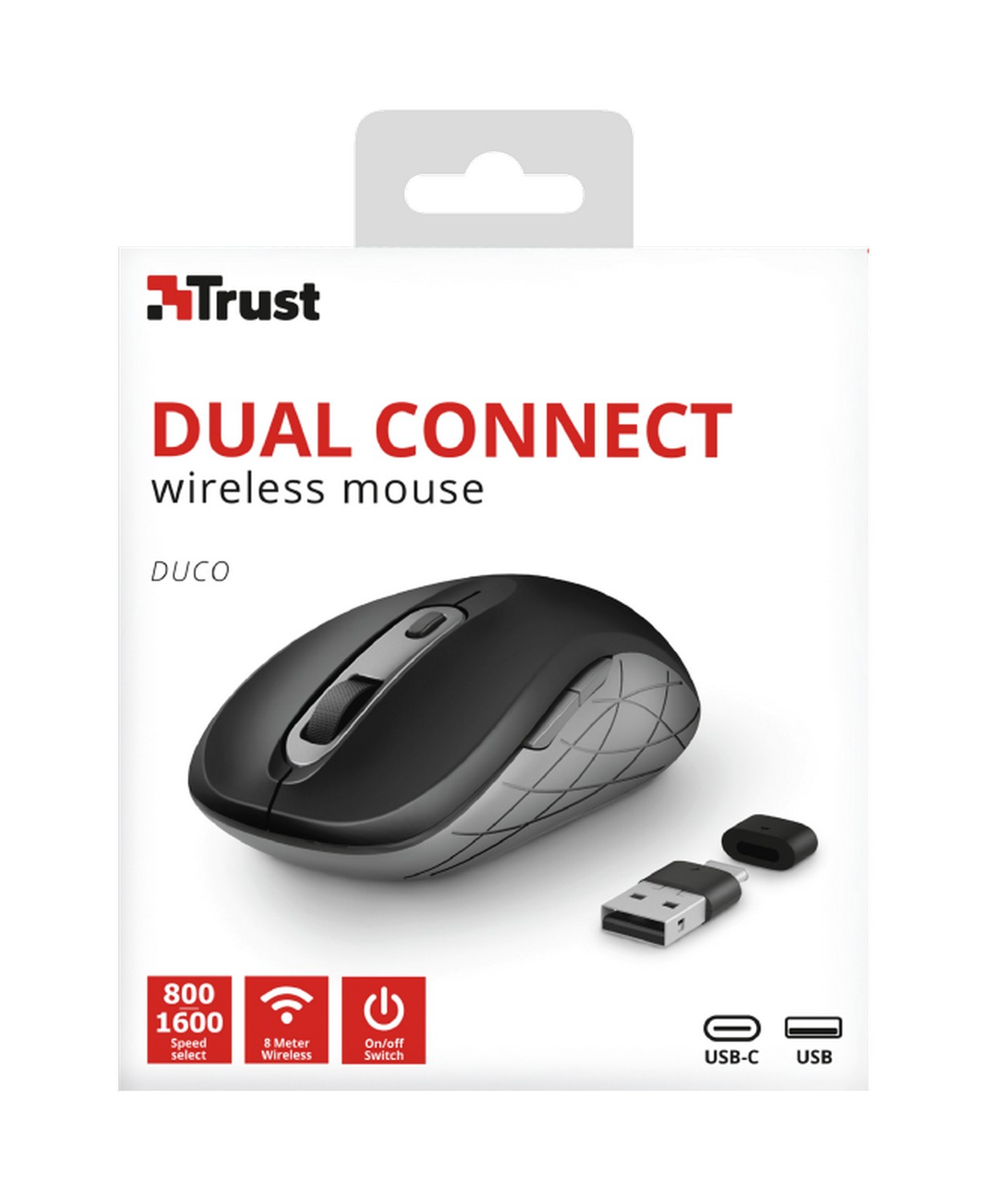 Ratón inalámbrico - Trust Duco Dual Connect, Óptico, 1600 ppp, Receptor USB-A, USB-C, Negro