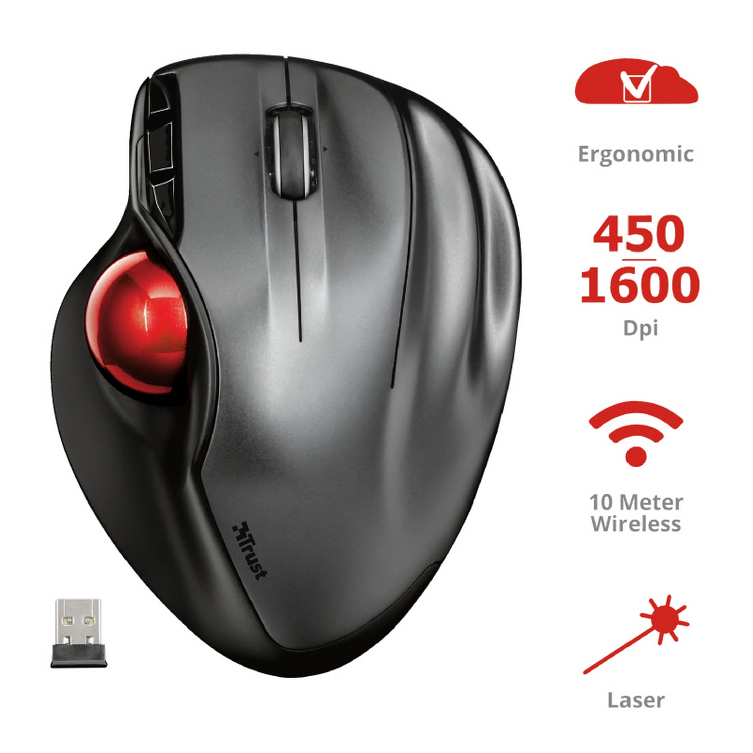 Ratón inalámbrico - Trust Sferia Wireless, 1600 ppp, Óptico, Receptor nano-USB, Negro