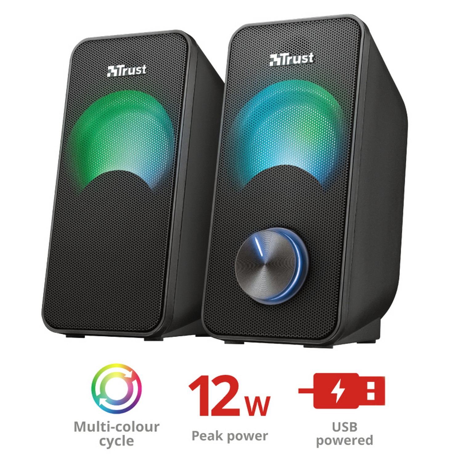 Dos altavoces negros con luces de colores. Texto: Ciclo multicolor, Potencia pico 12W, Alimentado por USB.