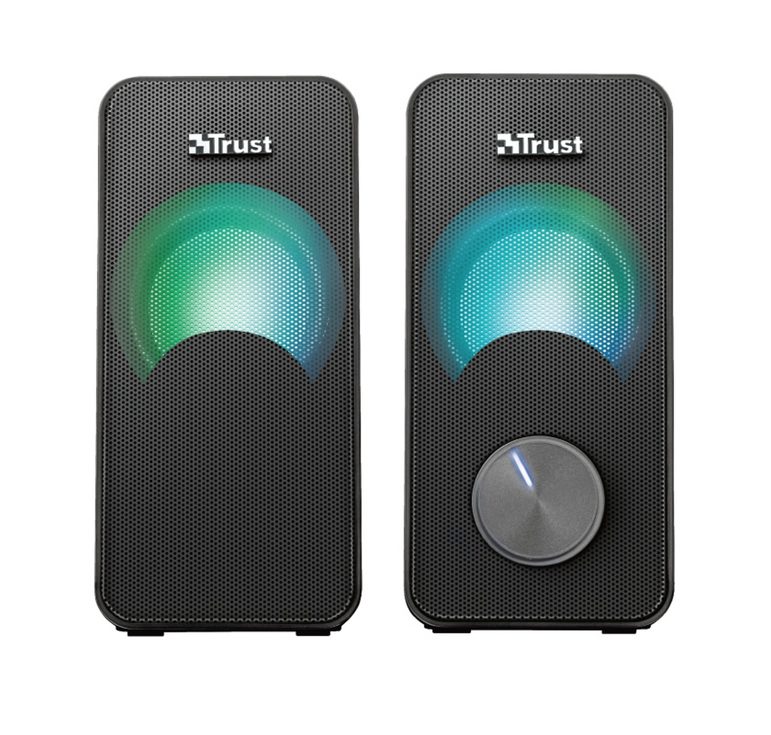 Dos altavoces Trust negros con semicírculos verdes y azules iluminados y un control de volumen.
