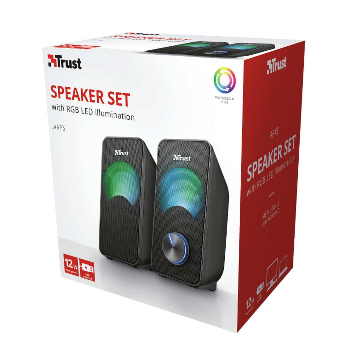 Dos juegos de altavoces Trust negros con iluminación LED RGB multicolor, sobre una caja blanca. Logo Trust visible.